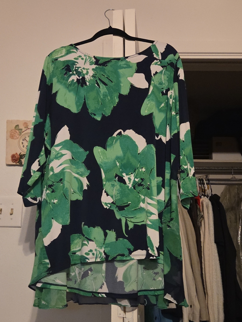 Susan Graver Navy High-Low Tunic with Green & White Floral Print